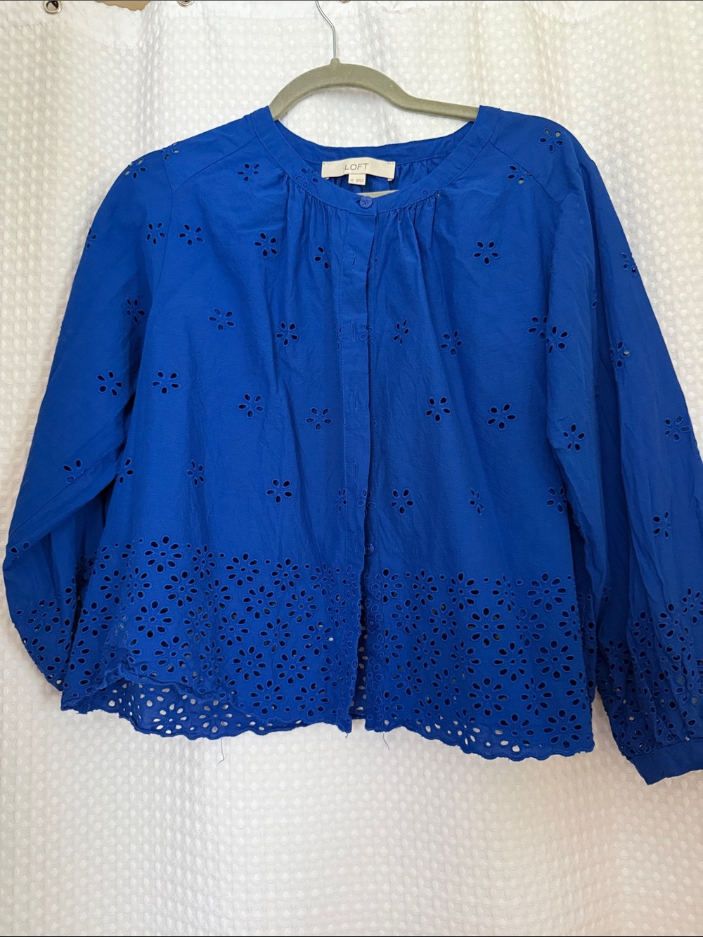 LOFT Cobalt Blue Eyelet Cotton Button-Front Blouse